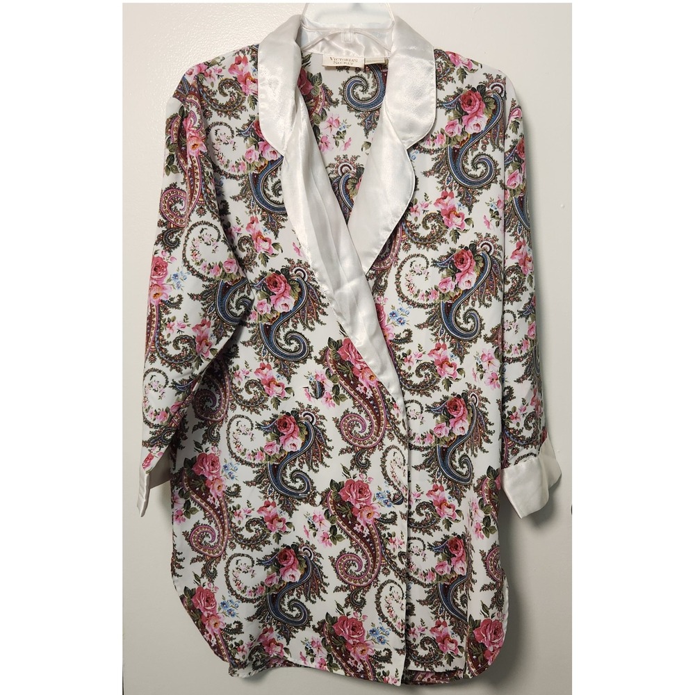 Victoria's Secret Vtg Gold Label Double Breasted Nightshirt Pink White Paisley S